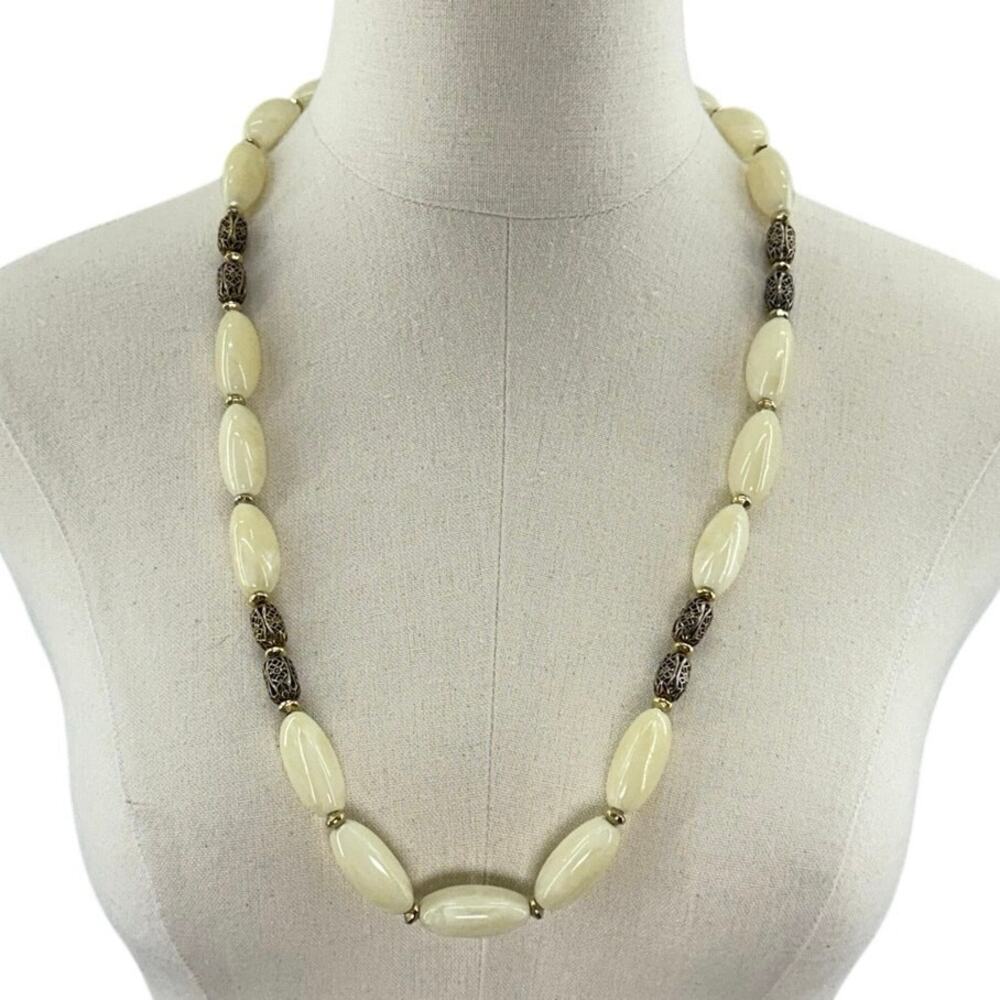 Vintage 60s White Lucite Bead Necklace Gold Filigree Spacers